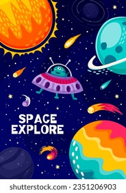 Cartoon space landscape poster with UFO, alien and planets in galaxy sky, vector background. Outer space exploration and galactic adventure poster with cosmic world planets and alien martian in UFO