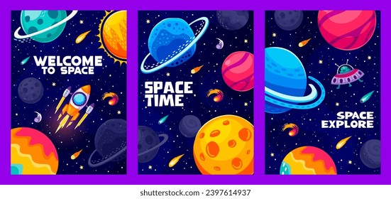 Cartoon space landscape posters of alien galaxy planets, rocket and UFO, vector astronomy science and outer space travel. Alien spaceships on starry sky background, fire asteroids, comets and stars