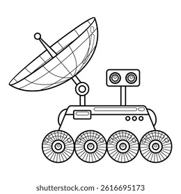 Cartoon space lunar rover. Lunokhod. Cosmic planet research apparatus. Isolated outline vector black and white illustration. Contour clipart on a cosmos theme.