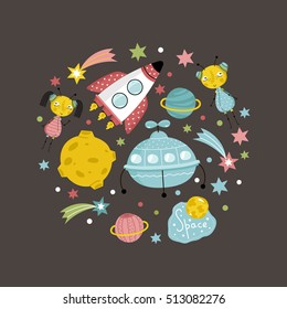Cartoon space objects. Cartoon spaceship, flying saucer, cute aliens, stars, cartoon planets, comets vector icons isolated set. Astronomical funny illustration for children book. Cartoon space icon.