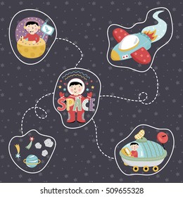 Cartoon space objects such as rocket, astronaut, exploration rover, star, cartoon planet, comet, asteroid vector icons isolated. 