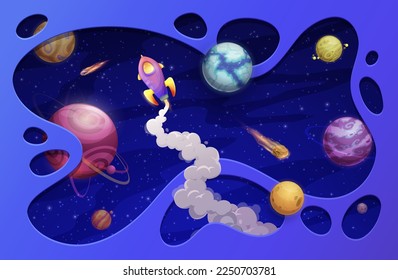 Cartoon Space Papier geschnitten Rakete, Sternengalaxie und Planeten. Vektor 3d Landschaft mit Raumschiff im Universum und Papierschnitt Rahmen. Shuttle futuristische kosmische Reise in der Galaxie, außerirdische Weltenforschung