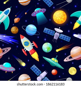 Patrón de espacio de dibujos animados. Planetas astronómicos y naves espaciales, estrellas astronómicas, cometas y cuerpos celestes. Ilustración vectorial de elementos galaxiales. Cohetes y objetos voladores no identificados