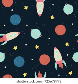 Cartoon space pattern with planets and rockets. Vector hand drawn illustration.