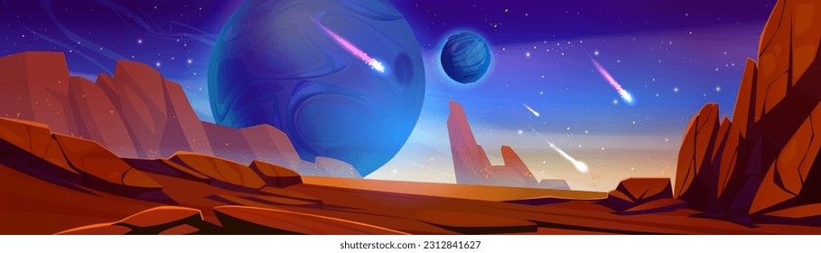 Cartoon space planet game vector background illustration. Night fantasy mars ground surface with falling meteor or comet in sky. Galaxy extraterrestrial light landscape with red desert ui scene