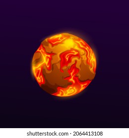 Cartoon space planet with lava and fire oceans. Proto-Earth, far galaxy solar system planet or game UI icon asteroid, alien world with volcanic activity on surface, molten rocks and hot lava flows