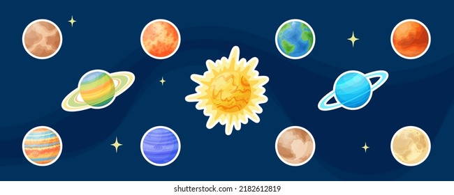 Espacio de dibujos animados planeta conjunto pegatina gráfica, etiqueta de ilustración vectorial de esfera astronómica, colección de parches de diseño celeste plano sobre fondo azul para el concepto de fantasía cósmica mágica