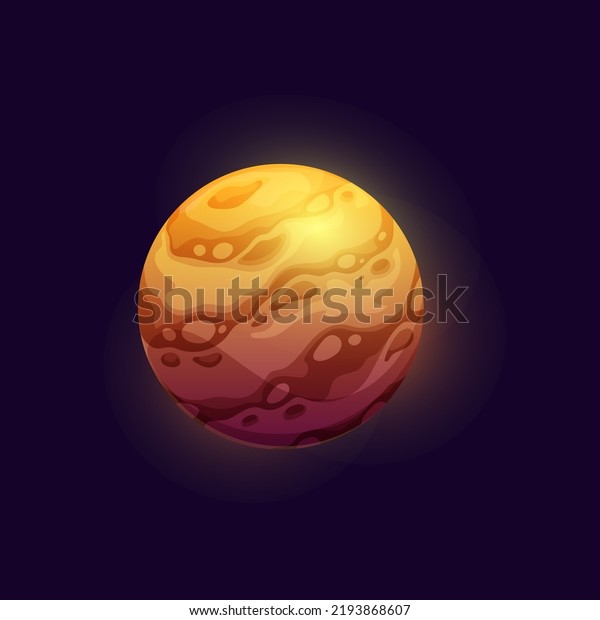 Cartoon space planet with stone and gold\
stripes. Sci-Fi space game UI alien planet vector icon with rocky\
and desert surface, mountains ranges. Fantastic galaxy inhabited\
world or moon\
satellite