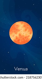 Cartoon space planet Venus vector illustration. Celestial object art concept with isolated planet Venus in solar system on dark blue vertical background for space decoration design concept