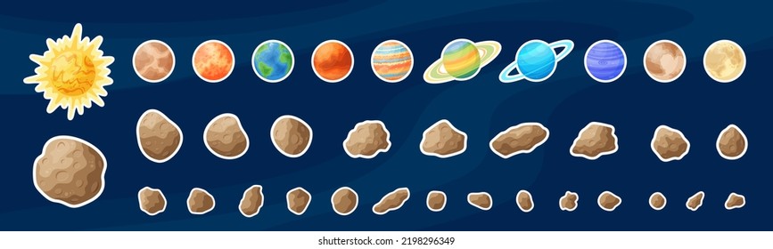 Cartoon space planets and asteroids sticker set, flat astronomical objects art label collection, comic celestial bodies vector illustration patch on blue background for child game graphic design