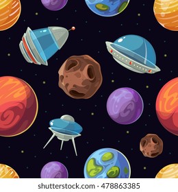 Cartoon space with planets, spaceships, ufo vector seamless background. Exploration galaxy in computer game illustration