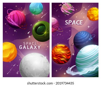 Cartoon Space Planets And Stars Landscape Galaxy With Asteroids, Vector Fantasy Posters. Galaxy And Space Planets In Universe, Meteorites And Comets Collide In Interstellar Sky