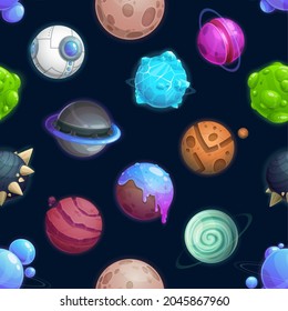 Cartoon Space Planets And Stars Seamless Pattern, Vector Galaxy Background. Fantasy Space Planets With Alien Planets Of Ice Or Fire, Ufo Spaceship And Fantastic Extraterrestrial Satellites Pattern