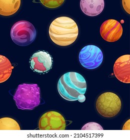 Cartoon space planets and stars seamless pattern, vector galaxy background. Asteroids and fantasy space planets in space with meteorites, meteors and comets, cartoon cosmic planetary sky background