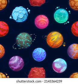 Cartoon Space Planets And Stars Seamless Pattern Vector Background. Fantasy Galaxy World Of Aliens And Fantastic Universe With Asteroids On Orbit, Space Planets Of Ice Rocks With Craters