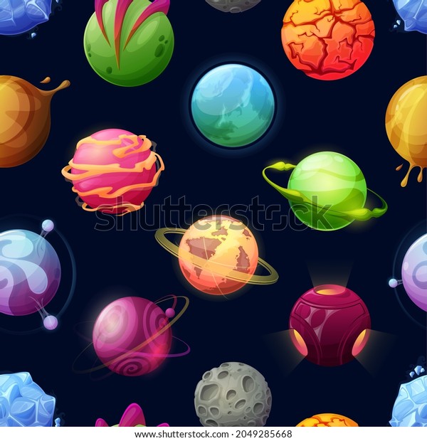 Cartoon space planets and stars seamless\
pattern. Futuristic vector background with asteroids, fantastic\
cosmic alien world. Galaxy objects with rings, craters and glowing\
surface, astronomy