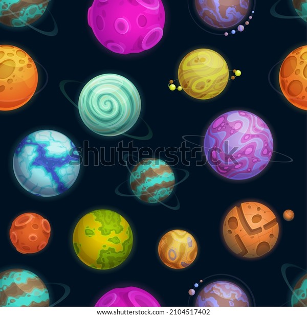 Cartoon space planets and stars seamless pattern.
Galaxy fantasy planets and asteroids vector background, wallpaper
with alien exoplanets or habitable space worlds with ice, gas and
crater surface