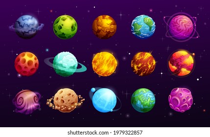 Cartoon space planets of vector fantasy alien galaxy universe, space game ui or gui. Planets and stars on dark sky with asteroid rings or belts, orbit halo and meteors, magma, craters, rock surfaces