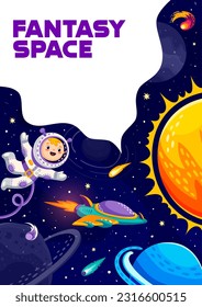 Afiche espacial de dibujos animados con astronauta infantil, sol, planetas y nave espacial. Aventura al aire libre, afiche de vector de descubrimiento de cosmos con niño en el espacio, futura nave espacial, planetas y cometas del sistema solar