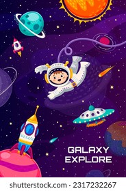 Afiche espacial de dibujos animados con un personaje astronauta infantil. Investigación en galaxia, pancarta o afiche del vector de exploración espacial con niño en el espacio que vuela en la ingravidez, cohete de nave espacial alienígena en la superficie del planeta