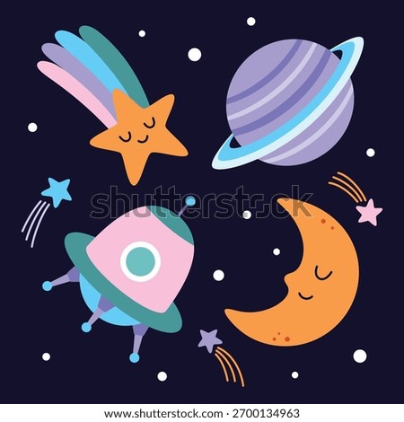 cartoon space poster with planets, stars, shooting stars, comets, moon and satellite, flat vector illustration for kids