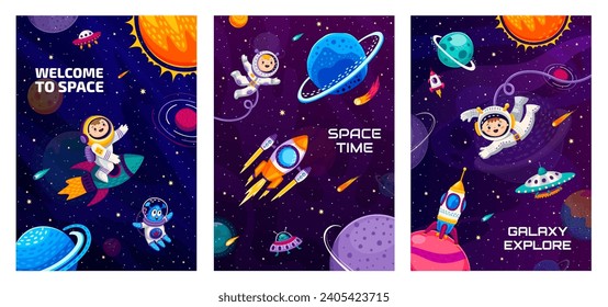 Cartoon space posters. Astronauts, spaceship and rocket, alien and ufo, starry galaxy, planets and comets. Vector vertical cards with interstellar exploration, imaginative playful cosmic adventures