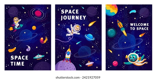 Plakate für den Cartoon-Raum. Cosmos-Abenteuer, Universum-Forschung oder Weltraumforschung, Vektorblätter oder Banner. Galaxy-Plakate oder -Flyer mit Kind- und Außerirdischen-Astronauten in Raumfahrzeugen, Raketen und UFO