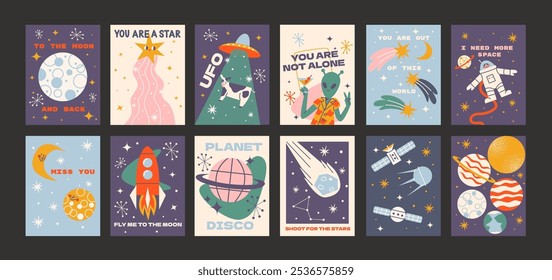 Carteles de espacio de dibujos animados. Elementos galácticos, planetas, cohetes, ovnis, astronautas, satélites, constelaciones. Formas del futuro del universo en gravedad, Anuncios de moda retro doodle groovy 90s