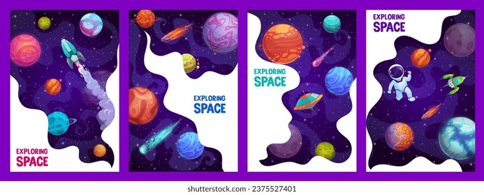 Cartoon space posters, rocket, astronaut in spaceship, space planets and stars, vector galaxy backgrounds. Outer space landscape with spacecraft shuttle, spaceman and alien planets in starry sky