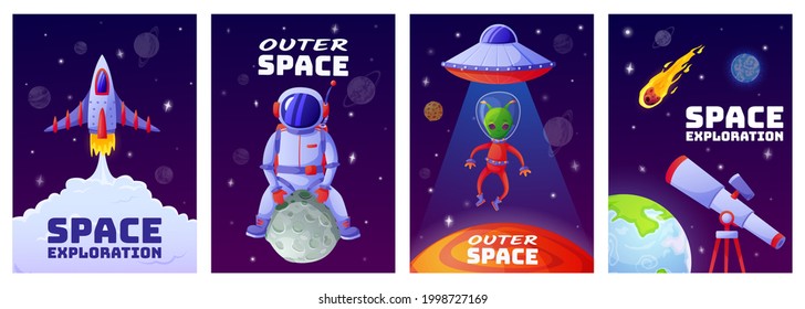 Cartoon space posters. Universe banners with astronaut, rocket, alien, ufo, planets, stars. Cartoon children cosmos poster vector template set. Outer space exploration, cosmonaut in spacesuit