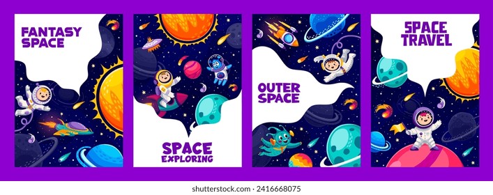 Cartoon space posters, vector cards with astronauts, ufo and aliens, spaceship and stars. Flyers set with spacecraft and funny cosmonauts in starry universe or galaxy. Interstellar cosmic adventure