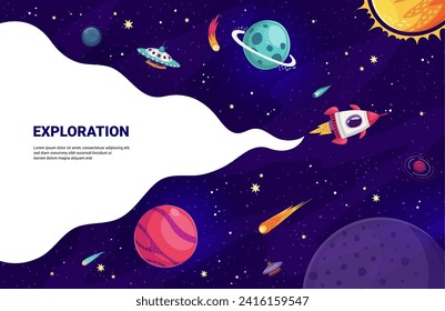 Cartoon space rocket with chemtrail in starry galaxy for planets exploration, vector background. Space mission cartoon banner with spaceship flying in galaxy space to planets, alien UFO and stars