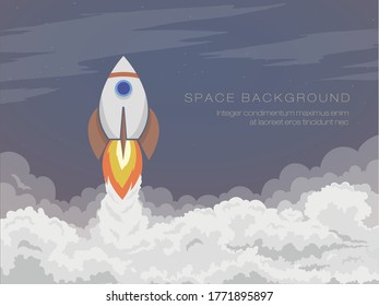 The cartoon space rocket flies into open space, starts with smoke . Vector illustration