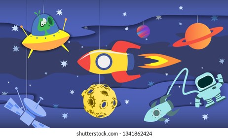 Cartoon Space.
Cartoon rocket flies in outer space past the suspended planets, satellites and other objects. Illustration, vector.