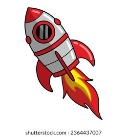 Cartoon space rocket flying. Spacecraft fly. Vector illustration of colorful space ship. Isolated colored spaceship on white background. Clipart on a cosmos theme.