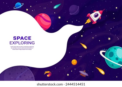 Cartoon space rocket in galaxy between stars and planets in starry sky, vector background. Space exploration banner with spaceship flying in galaxy space to planets, alien UFO and galactic asteroids