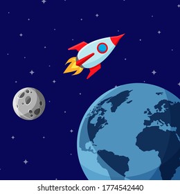 Cartoon space rocket leaving earth orbit and going into deep space. Spaceship, moon, planets and stars. Vector illustration in a modern flat style.