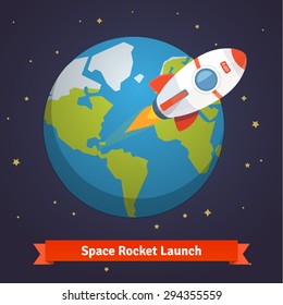 Cartoon Space Rocket Leaving Earth Orbit And Going Into Deep Space. Flat Style Vector Illustration Background.