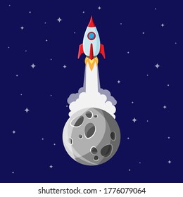 Cartoon space rocket leaving planet orbit and going into deep space. Spaceship, moon, planets and stars. Vector illustration in a modern flat style