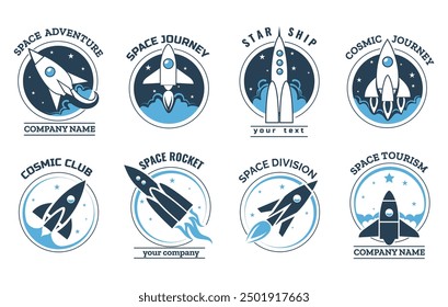 Cartoon space rocket logo set. Shuttle starship company emblem collection isolated vector illustration