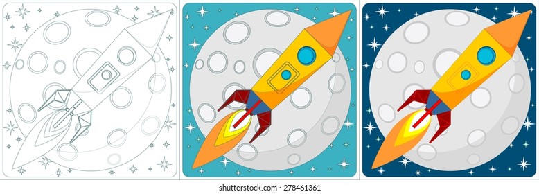 Cartoon Space Rocket on a Background of Yellow Moon and a Starry Blue Sky in the Space. Set. Stock Vector illustration.