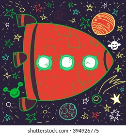 cartoon space rocket, planets and stars, hand drawn vector illustration