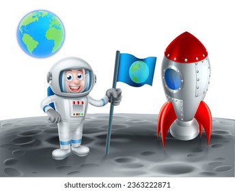 Una caricatura espacial con cohete espacial en la luna con un astronauta plantando una bandera