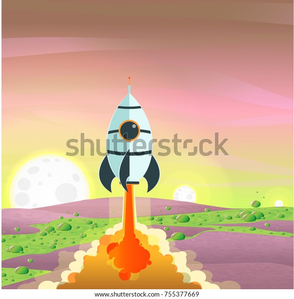 A cartoon\
space rocket takes off from the surface of the planet with lilac\
soil and green acid streams with bubbles. Space travel.\
Colonization of the planets. Vector\
landscape.
