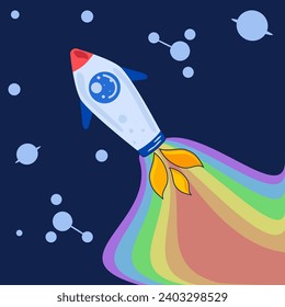 A cartoon space rocket that rips outer space into rainbows. Dark blue illustration showing a planet and satellites.