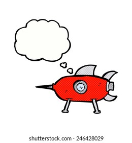 cohete espacial de dibujos animados con burbuja de pensamiento