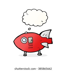 cartoon space rocket with thought bubble