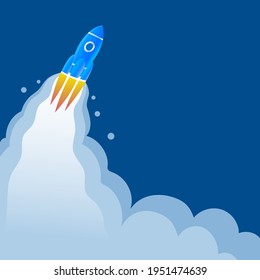 Cartoon space rocket with window take off into the sky. Behind it is a fiery flame. Vector illustration on teino blue background