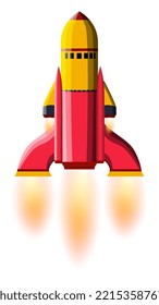 Cartoon space rocket with yellow and red body, with massive racks and flame from nozzles, isolated on white. Vector design element.