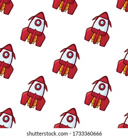 Cartoon space rockets isolated on white background. Cute childish seamless pattern. Hand drawn vector graphic illustration. Texture.